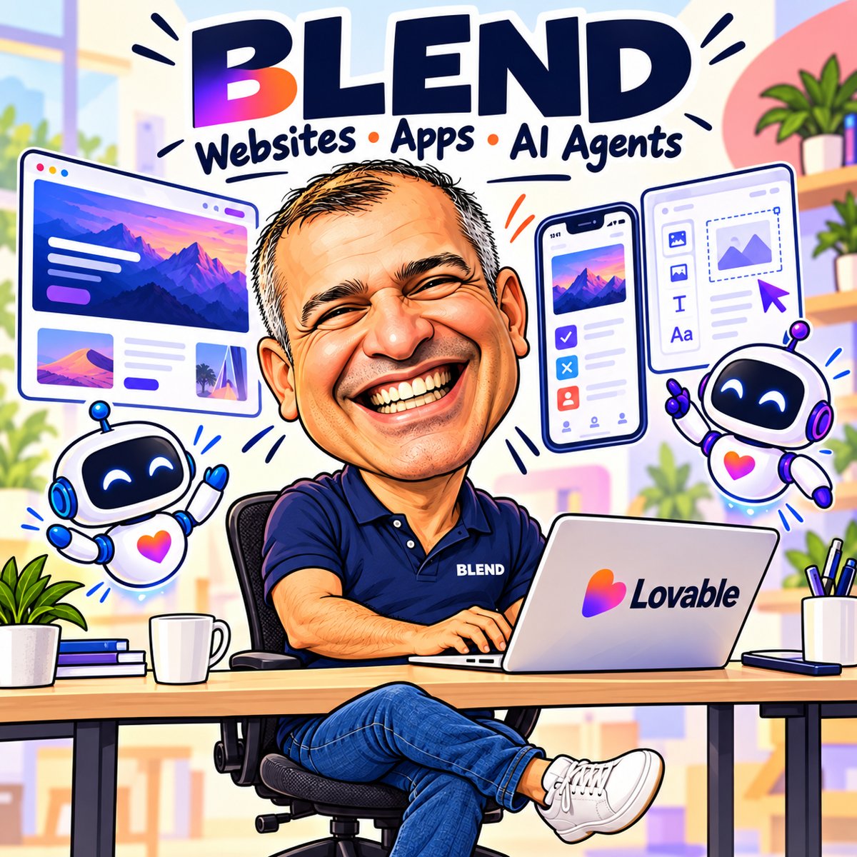 Illustrated caricature of Theo, BLEND's lead expert, working on a Lovable laptop beside two AI robots