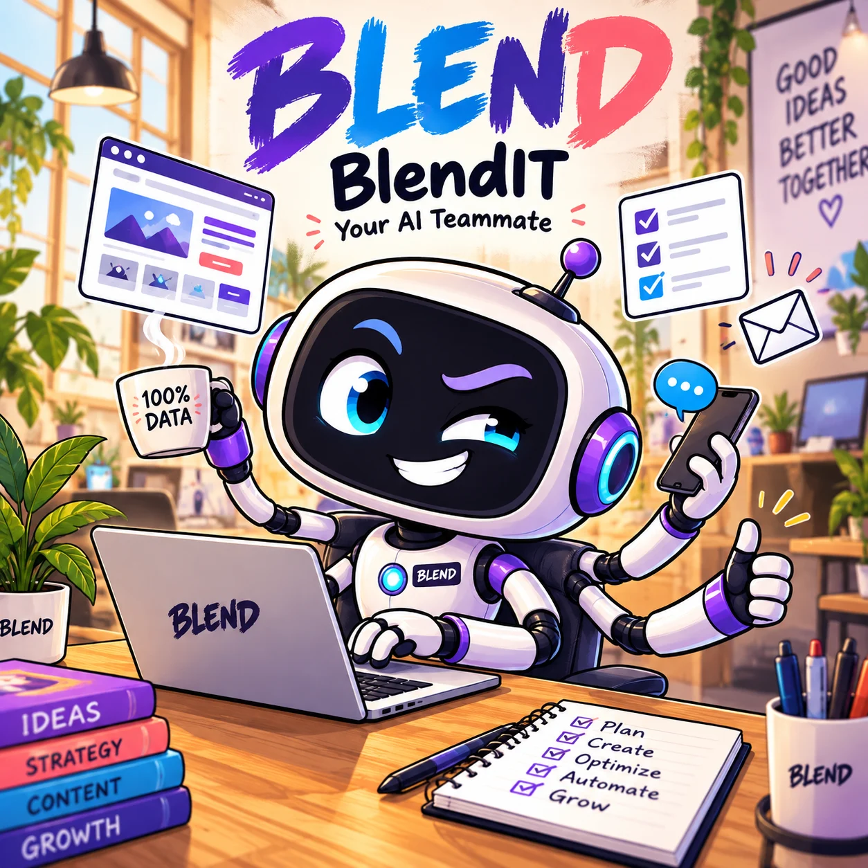 Illustration of BlendIT, BLEND's AI assistant, working at a desk