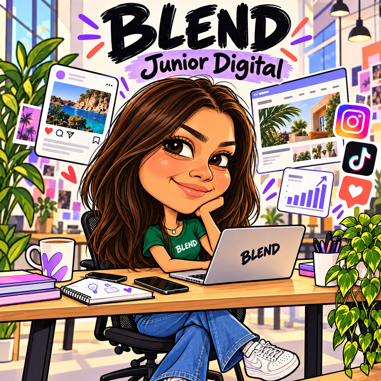 Illustrated portrait of Maria, BLEND's Junior Digital Marketing Officer, at her desk
