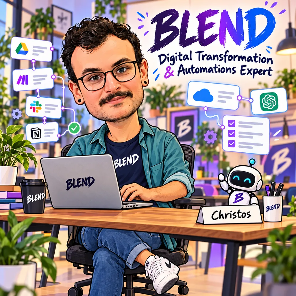 Illustrated portrait of Christos, BLEND's Digital Transformation and Automations Expert, at his desk with a laptop, coffee cup, an AI robot companion and floating app icons