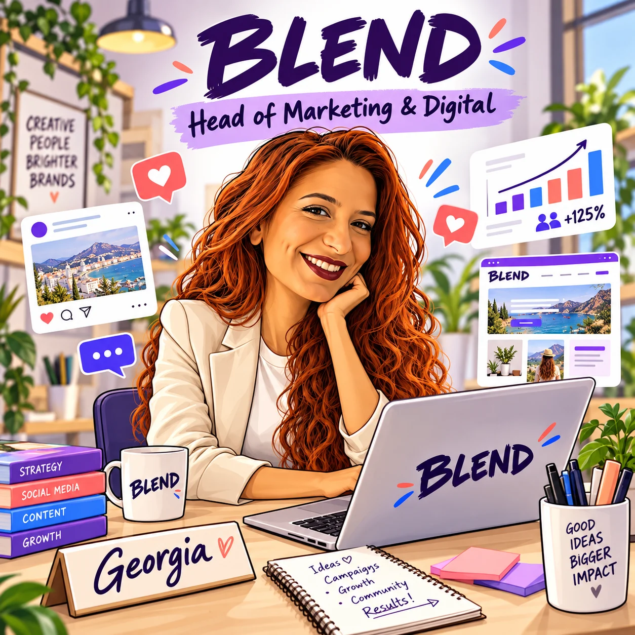 Illustrated portrait of Georgia, BLEND's Head of Marketing and Digital, at her desk